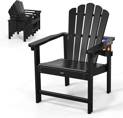 VINGLI Plastic Folding Adirondack Chair with Cup Holder, 100% Recyclable HDPE Material, Comfortable 380lb Weight Capacity for Outdoor Pool Patio Lounge Chair Lawn Furniture Fire Pit, 1 Pack, Black