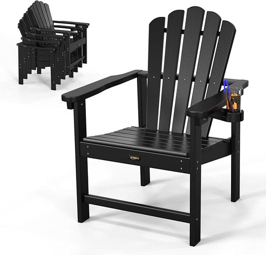 VINGLI Plastic Folding Adirondack Chair with Cup Holder, 100% Recyclable HDPE Material, Comfortable 380lb Weight Capacity for Outdoor Pool Patio Lounge Chair Lawn Furniture Fire Pit, 1 Pack, Black