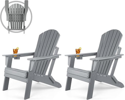 FUNBERRY Folding Adirondack Chair Set of 2, HDPE All Weather Fire Pit Chairs with Cup Holder for Outdoor