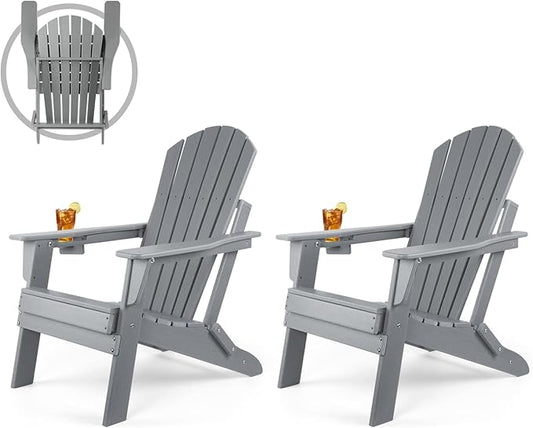 FUNBERRY Folding Adirondack Chair Set of 2, HDPE All Weather Fire Pit Chairs with Cup Holder for Outdoor
