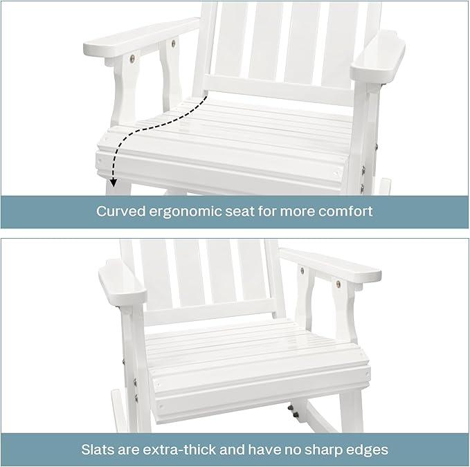 Fortune Candy Wooden Patio Rocking Chair with Comfortable Backrest Inclination, High Backrest and Deep Contoured Seat, Solid Fir Wood, Heavy Duty 600 LBS (Pure White, 2 Pieces)