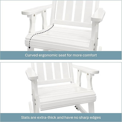 Fortune Candy Wooden Patio Rocking Chair with Comfortable Backrest Inclination, High Backrest and Deep Contoured Seat, Solid Fir Wood, Heavy Duty 600 LBS (Pure White, 2 Pieces)