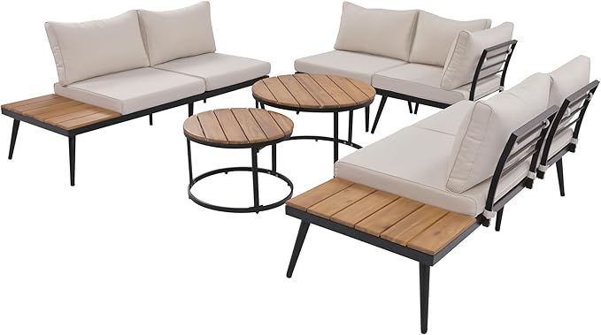 Quarte Modern Patio Furniture Set, 6-Piece Outdoor Sectional Sofa Set with Round Nesting Coffee Tables and Seating Sofa with Cushions for Patio, Porch Garden (Beige+C)
