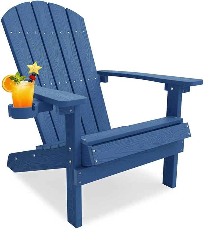 YEFU Adirondack Chair for Outdoor Patio: Zero Gravity Fire Pit Chair Plastic with Cup Holder & Wood Texture - Sturdy All-Weather HIPS for Backyard Poolside Lawn - Easy Assembly(Navy)