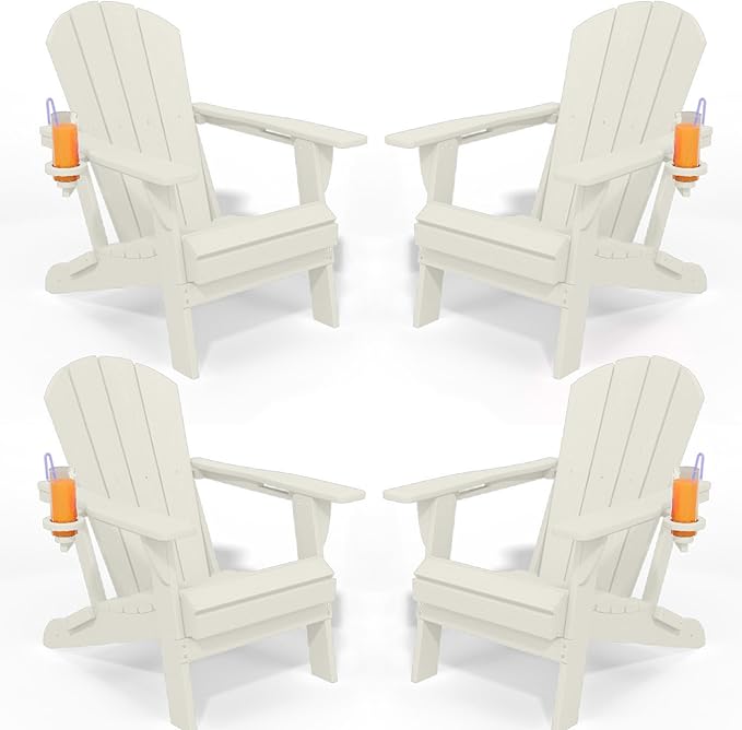 Foldable Adirondack Chair with Cup Holder-Heavy Duty Recycled HDPE Outdoor Patio Furniture, Weather Resistant Deck Lawn Fire Pit Chair (White, 4 Chair)