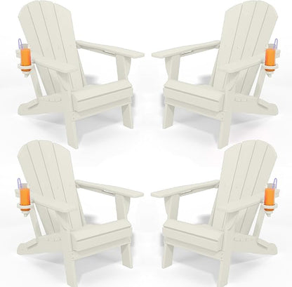 Foldable Adirondack Chair with Cup Holder-Heavy Duty Recycled HDPE Outdoor Patio Furniture, Weather Resistant Deck Lawn Fire Pit Chair (White, 4 Chair)