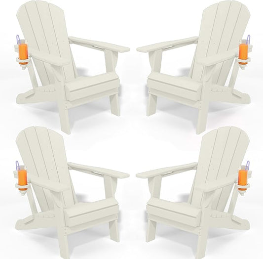 Foldable Adirondack Chair with Cup Holder-Heavy Duty Recycled HDPE Outdoor Patio Furniture, Weather Resistant Deck Lawn Fire Pit Chair (White, 4 Chair)