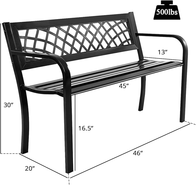 Giantex Outdoor Bench, Garden Bench with Iron Steel Frame, PVC Backrest, Mesh Pattern, Ergonomic Armrests, 500 lbs Metal Outside Bench for Patio Park Porch Lawn Yard Balcony Path Entryway Deck