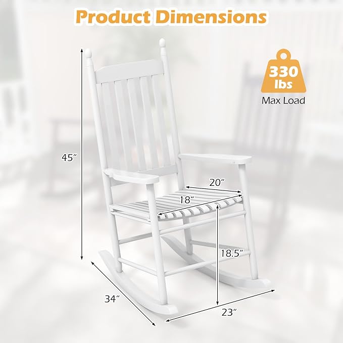 Giantex Outdoor Rocking Chair Set of 2, All Weather Patio Rocker w/Solid Rocking Base & High-Back, Slatted Seat & Back, Acacia Wood Porch Rocker, Wooden Patio Rocking Chair for Backyard, White