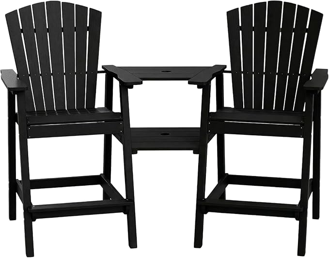 Kingdura Tall Adirondack Chairs Set of 2 with Removable Connecting Tray & 2" Umbrella Hole, Weather-Resistant HDPE Bar Height Outdoor Chairs, Wood-Look Balcony Bar Stools for Patio, Deck (Black)