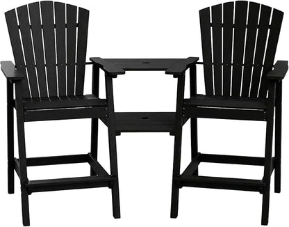 Kingdura Tall Adirondack Chairs Set of 2 with Removable Connecting Tray & 2" Umbrella Hole, Weather-Resistant HDPE Bar Height Outdoor Chairs, Wood-Look Balcony Bar Stools for Patio, Deck (Black)