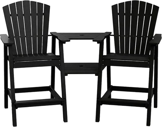 Kingdura Tall Adirondack Chairs Set of 2 with Removable Connecting Tray & 2" Umbrella Hole, Weather-Resistant HDPE Bar Height Outdoor Chairs, Wood-Look Balcony Bar Stools for Patio, Deck (Black)