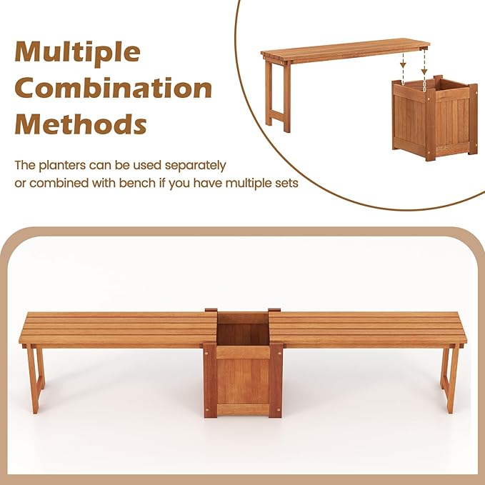 Bench with Planter Box, 2 in 1 Wooden Flower Box Kit with Seat, Open-Ended Base & Slotted Construction, Outdoor Plant Container for Garden, Yard, Balcony (Natural)