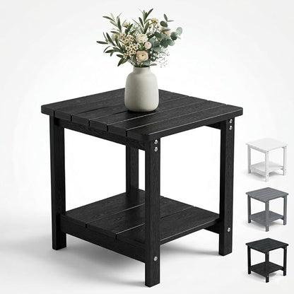 Square Outdoor Side Table Adirondack Side Table, Water-resistant & 2-Tier Small End Table for Patio, Beach Chair & Poolside, Bedside Table for Living Room & Bedroom, Easy Assembly, Black