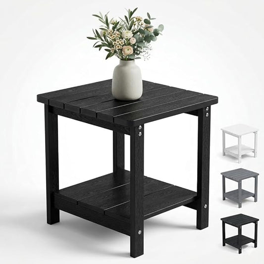 Square Outdoor Side Table Adirondack Side Table, Water-resistant & 2-Tier Small End Table for Patio, Beach Chair & Poolside, Bedside Table for Living Room & Bedroom, Easy Assembly, Black