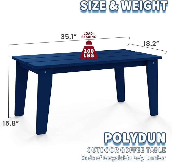 Wood Texture Coffee Table, 35" x 18.2" Poly Lumber Patio Table, All Weather Adirondack for Balcony, Garden, Indoor or Outdoor, Navy Blue