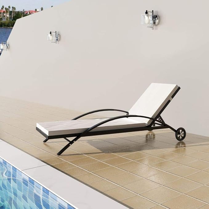 Sun Lounger with Cushion & Wheels Poly Rattan Black, Outdoor Chaise Lounge Chair for Beach, Sunbathing, Patio, Pool - Photo 1