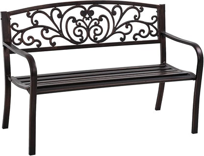 Outdoor Bench, Rust-Proof Cast Iron Park Bench, Hold 485 lbs Heavy-Duty Metal, 50" x 21" x 35", Bronze