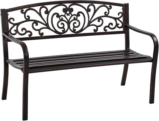 Outdoor Bench, Rust-Proof Cast Iron Park Bench, Hold 485 lbs Heavy-Duty Metal, 50" x 21" x 35", Bronze