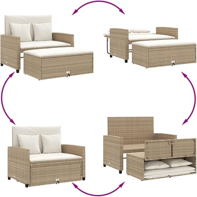vidaXL 2-Seater Patio Sofa Bench - PE Rattan, Beige, Sofa Bed with Footstool Storage, Cushions with Removable Covers