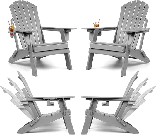 FUNBERRY Folding Adirondack Chairs Set of 4 with Adjustable Backrest, HDPE All Weather Fire Pit Chairs with Cup Holder
