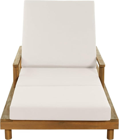 Merax Acacia Wood Outdoor Chaise Lounge Chair Set of 2, 3-Position Adjustable Backrest & 4" Thick 3-Fold Removable Cushion, 76.8" L Modern Patio Sun Lounger for Garden Pool Beach Yard, Cream+Teak