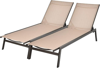 Giantex Chaise Lounge Chair Patio Chaise Lounger with 6-Position Adjustable Backrest and Breathable Fabric, Outdoor Recliner for Patio, Poolside, Backyard and Garden (2, Beige)