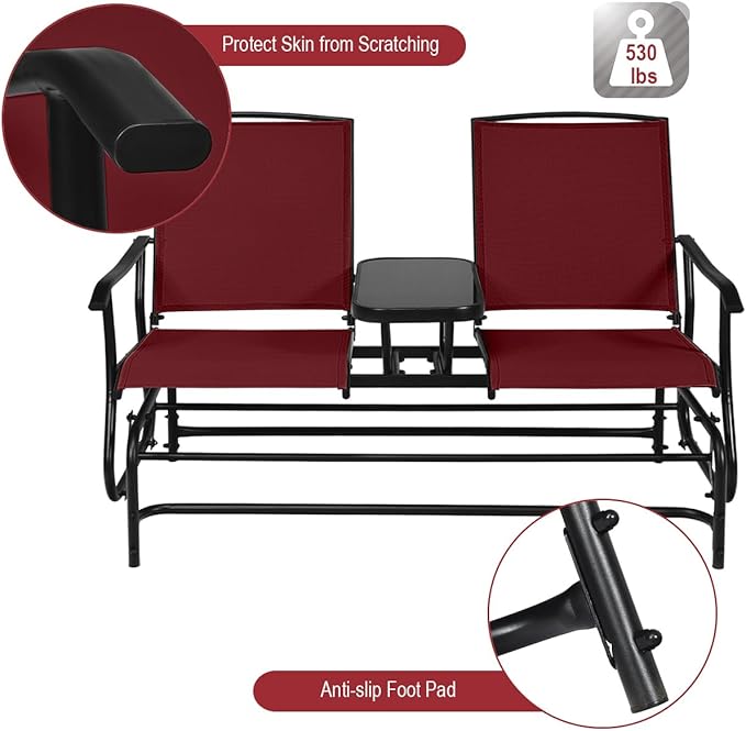 Giantex Outdoor Glider, Rocking Chair with Metal Frame, Center Tempered Glass Table, 2-Person Loveseat, Patio Glider Bench, Outside Swing Chair for Garden Yard Lawn Porch Patio Rocker (Burgundy)