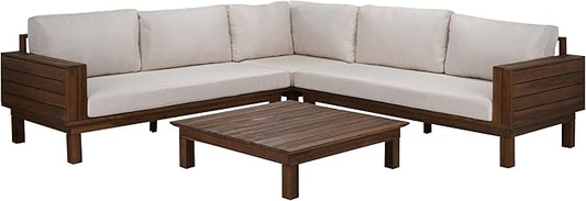SAFAVIEH Outdoor Patio Furniture Collection - Napoli Teak Brown & Cream Solid Wood 4-Piece Sectional Sofa Set with Coffee Table, Durable Cushions, Modern Outdoor Seating (PAT6806A)