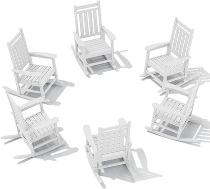 SERWALL HDPE Outdoor Rocking Chair Set of 6, Patio Rocking Chairs for Adults, All Weather Outdoor Rockers for Lawn, White