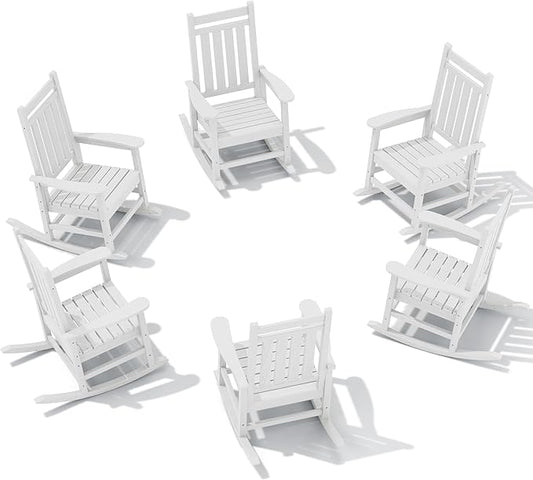 SERWALL HDPE Outdoor Rocking Chair Set of 6, Patio Rocking Chairs for Adults, All Weather Outdoor Rockers for Lawn, White