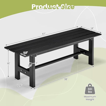 Tangkula 47 Inch HDPE Outdoor Bench Backless, Patio Garden Dining Bench with Slatted Seat & Heavy-duty Metal Frame, 660 LBS Capacity, Weatherproof Outside Bench for Park, Yard, Entryway & Porch, Black