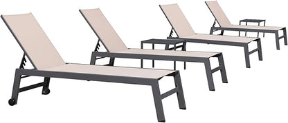 PURPLE LEAF 6-Piece Patio Chaise Lounge Outdoor Pool Lounge Chairs with Adjustable Backrest and Side Tables Aluminum Reclining Sunbathing Tanning Chair for Outside Poolside Yard Balcony, Sand Beige