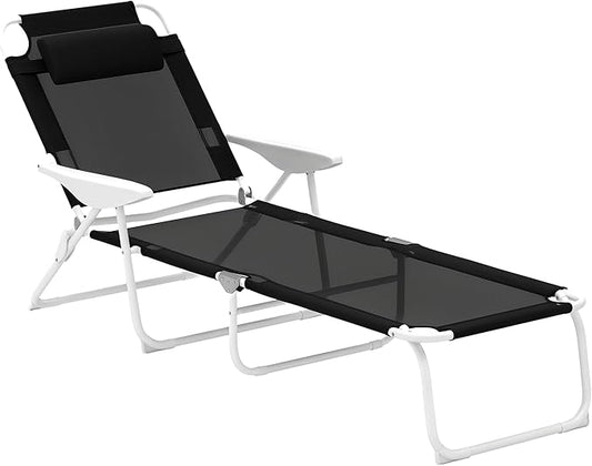 Outsunny Folding Lounge Chair, Portable Outdoor Chaise Lounge, Sun Tanning Chair with 4-Position Reclining Back, Armrests, Metal Frame and Mesh Fabric for Beach, Yard, Patio, Black