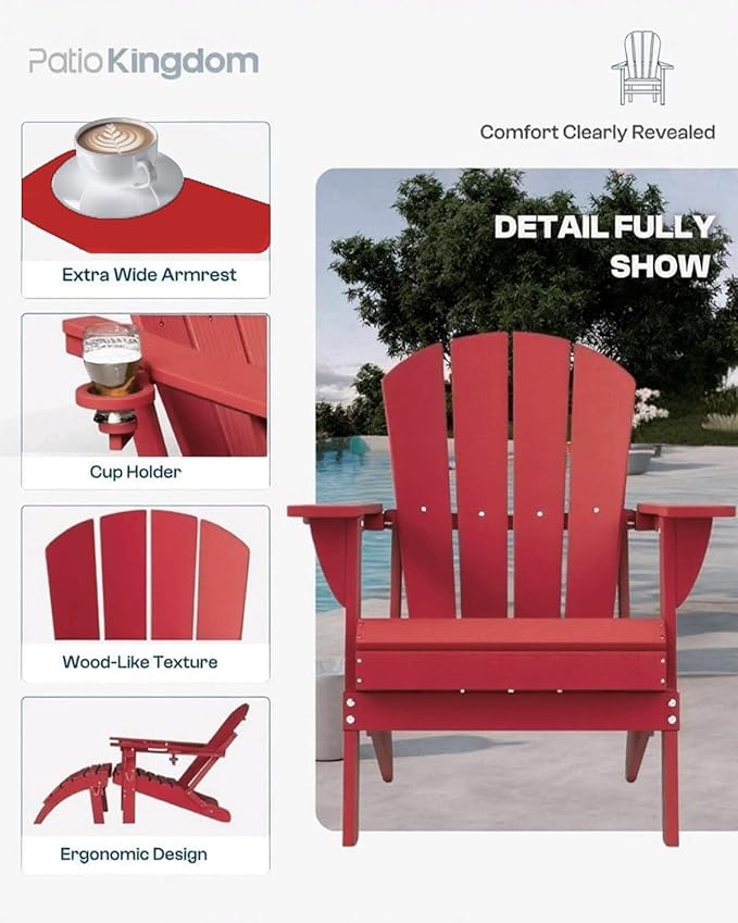 Red 6-Piece Folding Adirondack Chair Set with Cup Holders, Ottomans - Photo 5