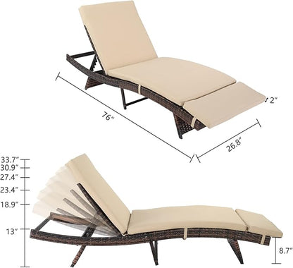 VINGLI Adjustable Patio Wicker Chaise Lounge Outdoor, Rattan Outdoor Lounge Chair, All Weather Patio Chaise Lounge with Adjustable Backrest and Soft Cushions (Brown)