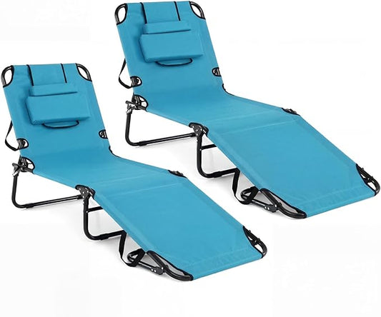 GYMAX Tanning Chair, Folding Lounge Chairs with Face Hole & Cover, Removable Pillow Carry Handle, Portable Compact Outdoor Layout Recliner for Beach, Poolside, Lawn, Patio, Camping (Turquoise,2)