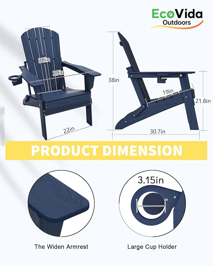Upgraded Folding Adirondack Chair with All-Weather Cup Holder-EcoVida, Premium Wood Grain Texture, HDPE Waterproof - Photo 3