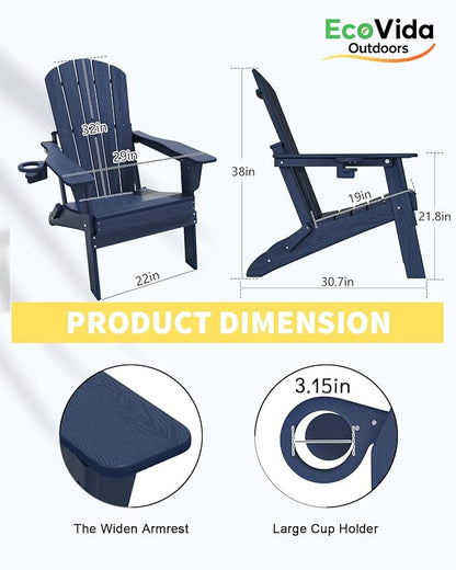 Upgraded Folding Adirondack Chair with All-Weather Cup Holder-EcoVida, Premium Wood Grain Texture, HDPE Waterproof, Suitable for Fire Pit, Patio, Porch, Navy