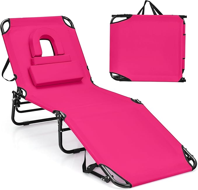 Goplus Tanning Chair, Folding Beach Lounge Chair with Face Hole, Removable Pillow, Carry Strap, Position Adjustable, Sunbathing Chair, Portable Outside Lounge Chair for Patio Pool