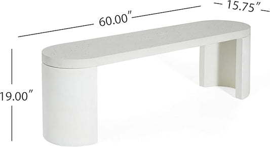 Christopher Knight Home Duro Durable Concrete Outdoor Bench with Modern White Terrazzo Effect, Outdoor Dining Chair, Oval Garden Bench with Pedestal Base, Extra Seating for Patio/Balcony, White