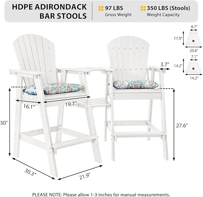 Sundale Outdoor Tall Adirondack Chairs Set of 2 with Table, Patio HDPE Bar Set, 3 PCS Counter Height Dining Bistro Set - Photo 3