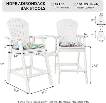 Sundale Outdoor Tall Adirondack Chairs Set of 2 with Table, Patio HDPE Bar Set, 3 PCS Counter Height Dining Bistro Set, Pub Table with Stools, 2 Umbrella Hole Caps, White