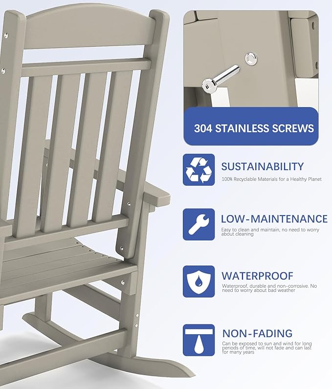 FOOWIN Outdoor Rocking Chair, High Back Patio Rocking Chair, HDPE All Weather Resistant Porch Rocker for Adult, Oversized Rocking Chairs for Garden, Lawn, Indoor & Outdoor Use, Sand