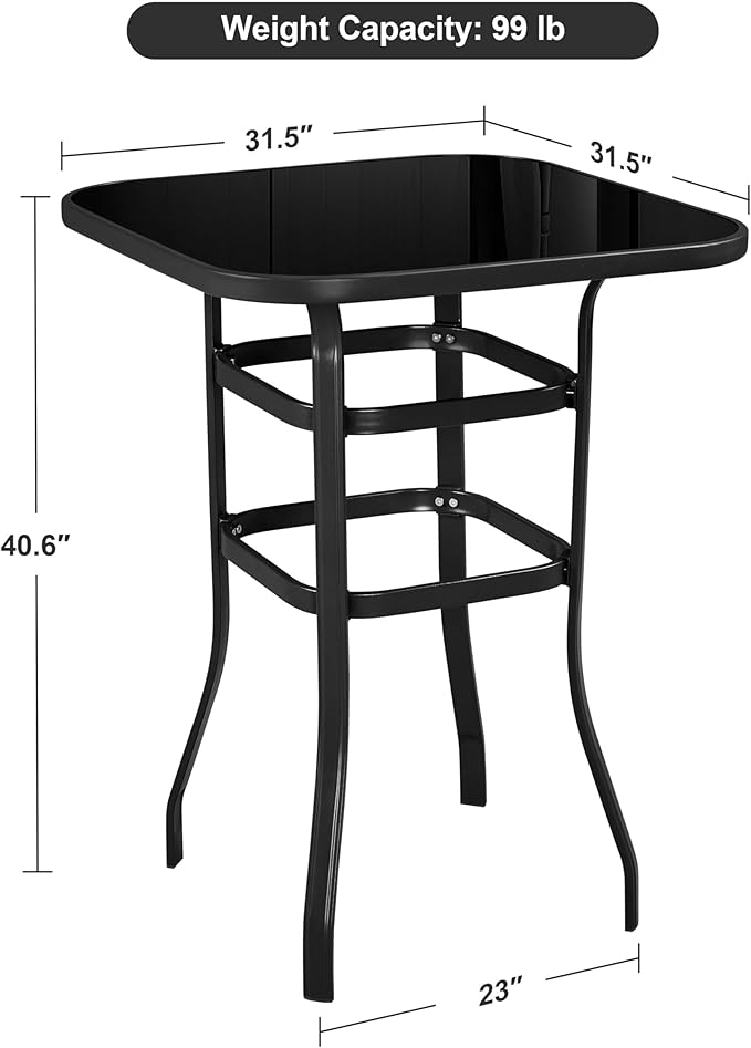 Yaheetech Patio Bar Table Tempered Glass, Height High Top Outdoor Pub Height Bistro Square Glass Side Table for Balcony Backyard Poolside, Black