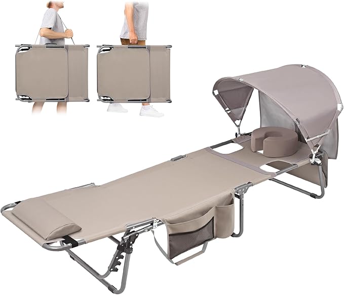 Tanning Chair with Sun Canopy Face Hole Softer Padded Adjustable Washable - Photo 1
