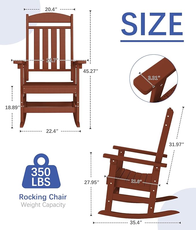 FOOWIN Outdoor Rocking Chair Set of 8, High Back Patio Rocking Chair, HDPE All Weather Resistant Porch Rocker for Adult, Oversized Rocking Chairs for Garden, Lawn, Indoor & Outdoor Use, Dark Red