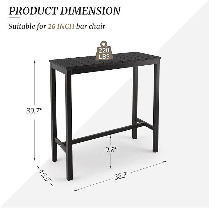 Outdoor Bar Table, 38" Patio Bar Height Counter Console Table, Black Waterproof HDPS Slatted Top and Bronze Leg - Photo 3
