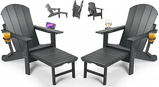 PASAMIC Folding Adirondack Chairs Set of 2 with Retractable Ottoman, 5-Position Adjustable Backrest - Photo 1