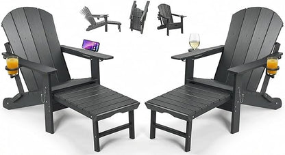 PASAMIC Folding Adirondack Chairs Set of 2 with Retractable Ottoman, 5-Position Adjustable Backrest, HDPE All-Weather Fire Pit Chairs with 2 Hidden Cup Holders, Wood-Look Outdoor Chairs (Grey)